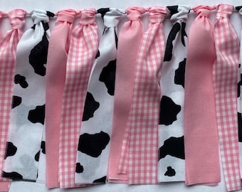 Cowgirl Fabric Garland Banner, Cow Print, Pink Check, Pink, Barn Farm Cowgirl Highchair Banner Photo Prop,