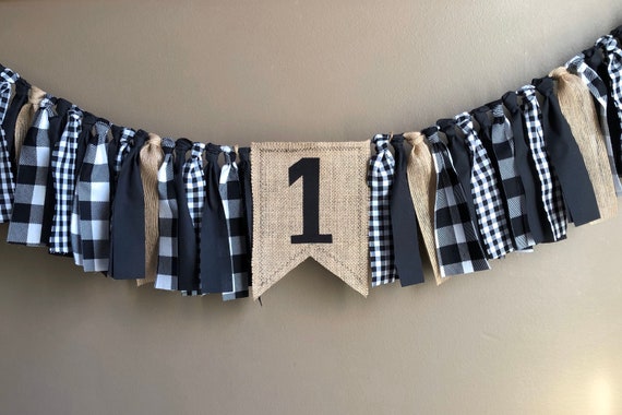 Buffalo Plaid 1st Birthday Highchair Banner BLACK and White Check ,Fabric Garland, Photo Prop, Birthday Banner, Cake smash, Photo Prop Il_570xn