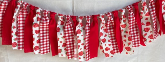 Strawberry Fabric Banner Garland/Strawberry Farmers Market Rag Banner/Strawberry/Red Gingham Fabric Banner, Berry Sweet, Summer Party Decor Il_570xn