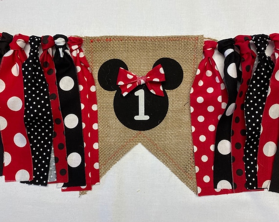 WEEKEND SALE Classic Minnie Mouse Inspired Fabric Banner Red and Black Highchair Garland/Banner ,Photo Prop, Rag Banner Il_570xn