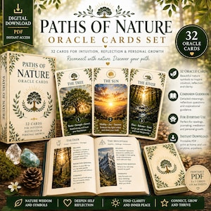 Könnte beinhalten: Ein Paths of Nature Orakelkarten-Set mit einer Schachtel, einem offenen Begleitbuch und einzelnen Karten, die Naturbilder wie Bäume, Sonne und Berge zeigen. Das Set enthält 32 Karten für Intuition und persönliches Wachstum mit Texten zu Bedeutungen, Reflexionsfragen und Anleitungen für jede Karte.