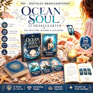 May include: A digital oracle card set titled Ocean Soul featuring 33 cards, a box, and a guidebook. The cards display blue ocean-themed illustrations, including a sea turtle, a lighthouse, and a pearl in a shell. The set includes 6.5 cm by 6.5 cm cards.