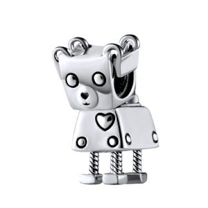 May include: A silver-colored charm in the shape of a robot bear. The bear has a heart-shaped nose and a heart on its chest. It has round eyes and small, coiled legs. The charm is designed to be a pendant or bracelet bead.