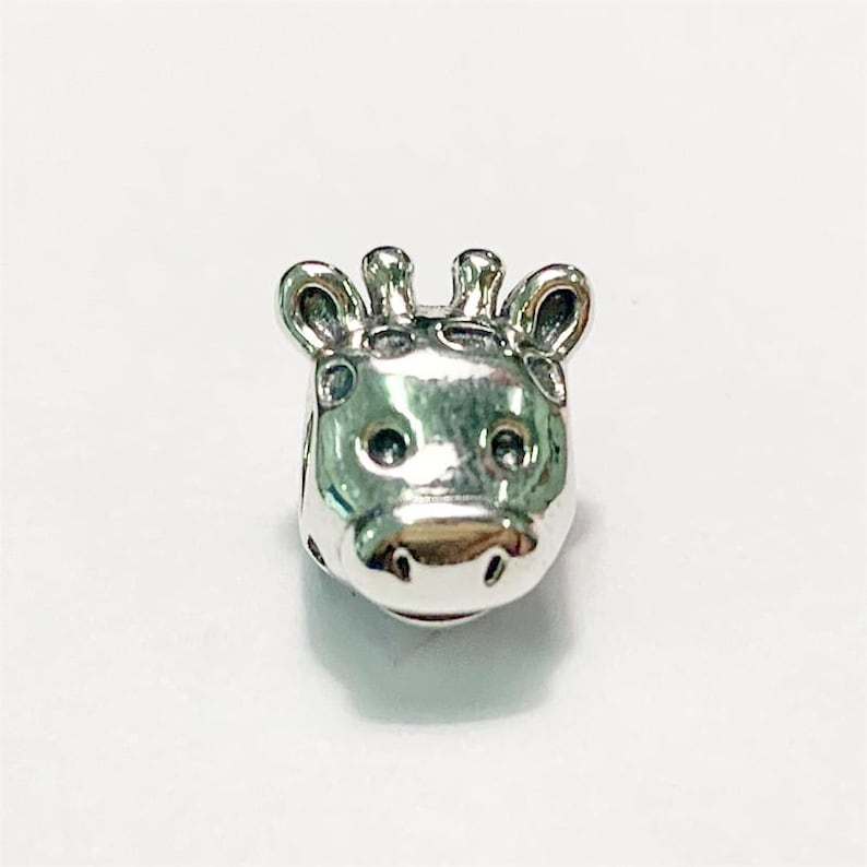 May include: A silver charm in the form of a giraffe's head. The charm has detailed features, including eyes, ears, and horns. The giraffe charm is a jewellery accessory.