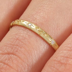 14K Solid Gold Moissanite Wedding Band: Starburst Dainty Celestial Stacking Ring