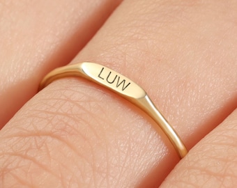 Tiny Solid Gold Signet Ring, Custom Initial Engraved Pinky Ring, Personalized Gift for Her