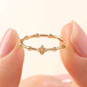Solid Gold Rosary Ring: Tiny Cross Prayer Band, Dainty Stacking Ring