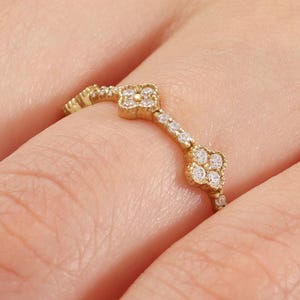 14k Solid Gold Clover Moissanite Eternity Ring: Dainty Flower Band, Gift for Her