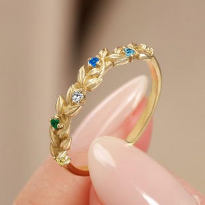14K Gold Leaf Birthstone Band: Personalized Family CZ Olive Branch Ring, Gift for Mom