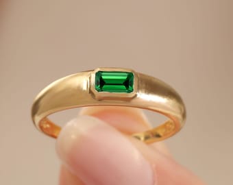 14K Solid Gold Bezel Signet Ring: Emerald Cut CZ Birthstone Chunky Dome Band