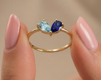 14k Solid Gold Toi et Moi Ring: Personalized Two Birthstone Heart, You and Me Gift