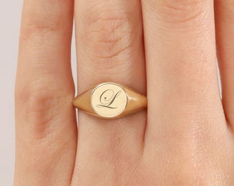 14K Solid Gold Custom Signet Ring: Unisex Engravable Pinky Ring