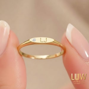 14K Solid Gold Moissanite Signet Ring: Personalized Initial Pinky Ring, Dainty Stacking Band