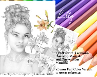 Página para colorear en escala de grises de Lilly, Descarga instantánea, PDF, Retrato, Coloración para adultos, Página para colorear premium, Página para colorear imprimible,