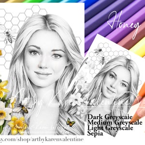 Honey Greyscale Coloring Page, Instant Download, PDF, Portrait, Adult Coloring, Premium Colouring Page, Printable Colouring Page,