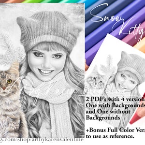 Snow Kitty Greyscale Coloring Page, Instant Download, PDF, Portrait, Adult Coloring, Premium Colouring Page, Printable Colouring Page,