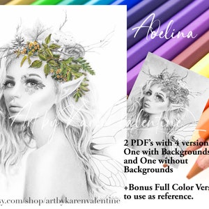 Puede incluir: Un dibujo en blanco y negro de una mujer con el pelo largo y una corona de hojas y bayas. El dibujo se titula "Adelina" e incluye el texto "2 PDF's con 4 versiones. Una con fondos, y una sin fondos +Bonus Versión a color completa para usar como referencia."