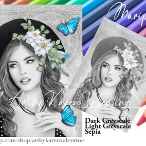 Mariposa Greyscale Coloring Page, Instant Download, PDF, Portrait, Adult Coloring, Premium Colouring Page, Printable