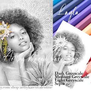 Layla Greyscale Coloring Page, Instant Download, PDF, Portrait, Adult Coloring, Premium Colouring Page, Printable Colouring Page,