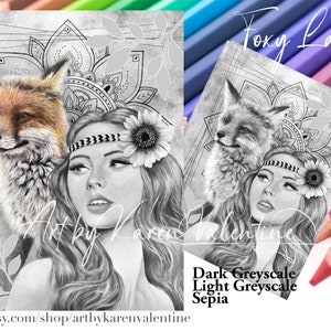 Foxy Lady Greyscale Coloring Page,  Instant Download, PDF, Portrait, Adult Coloring, Premium Colouring Page, Printable Colouring Page,