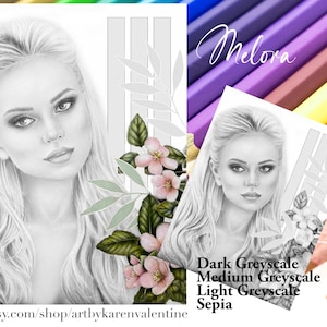 Melora, Greyscale Coloring Page, Instant Download, PDF, Portrait, Adult Coloring, Premium Colouring Page, Printable Colouring Page