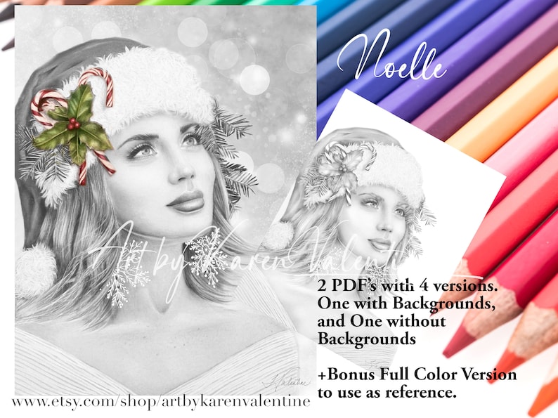 Noelle Greyscale Coloring Page Christmas Colouring Page Etsy