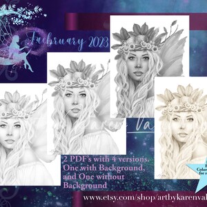 Può includere: Stampa d'arte digitale con un disegno a matita di una donna con capelli biondi, con una corona floreale e ali di fata. L'immagine include il testo: "Febbraio 2023" e "2 PDF con 4 versioni."