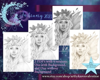 May include: Digital art print featuring a detailed pencil drawing of a woman with long, wavy blonde hair, wearing a floral crown and fairy wings. The image includes text: "February 2023" and "2 PDF's with 4 versions."