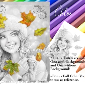 Chloe Greyscale Coloring Page, Autumn, Instant Download, PDF, Portrait, Adult Coloring, Premium Colouring Page, Printable Colouring Page,