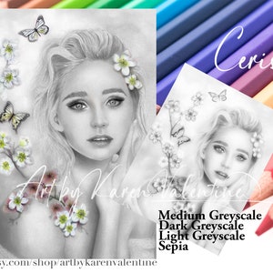 Cerise Greyscale Coloring Page, Instant Download, PDF, Portrait, Adult Coloring, Premium Colouring Page, Printable