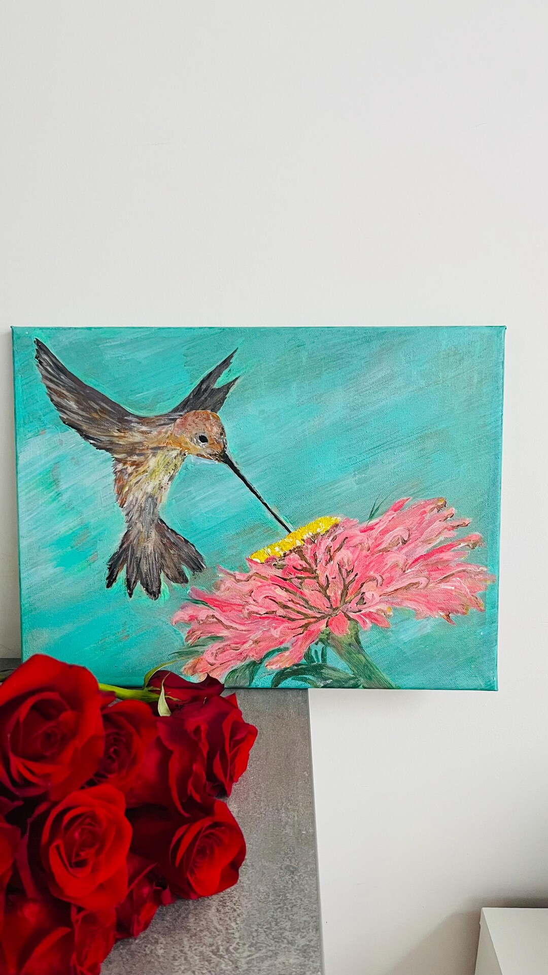 Hummingbird and Flower Acrylic Painting Original on Canvas, 30×40 Cm ...