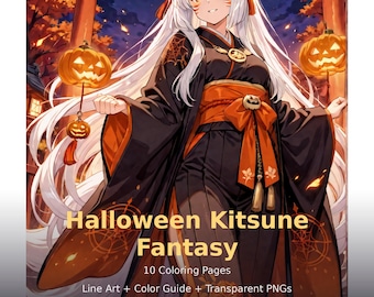Witch Coloring Book Kitsune Fox Spirit Halloween Fantasy Coloring Pages Printable PDF Digital Download