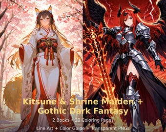 Anime Coloring Book Bundle: Kitsune Shrine Maiden, Gothic Dark Fantasy (20 Pages PDF)