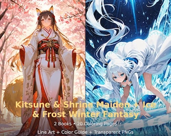 Anime Coloring Book Bundle: Kitsune Shrine Maiden + Ice Frost Fantasy (20 Pages PDF)