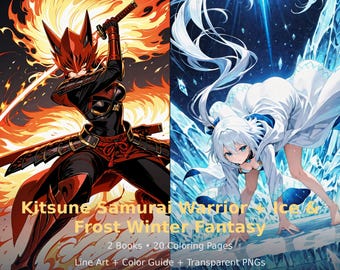 Anime Coloring Book Bundle: Kitsune Samurai + Ice Fantasy (20 Pages PDF)