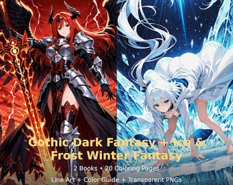 Anime Fantasy Coloring Book Bundle: Gothic Dark + Ice Winter (20 Pages PDF)