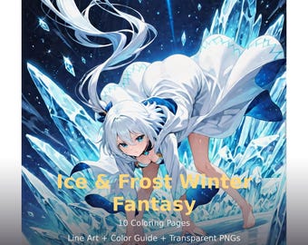 Anime Coloring Pages Ice Frost Winter Fantasy Kitsune Printable Coloring Book PDF Digital Download
