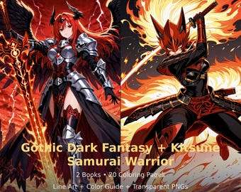 Gothic Dark Fantasy, Kitsune Samurai Warrior Coloring Books (20 Pages) (Digital Download)