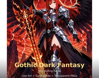 Gothic Dark Fantasy Anime Coloring Book: 10 Line Art Pages (Digital Download)