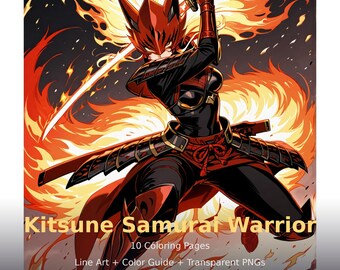 Anime Coloring Pages Kitsune Samurai Warrior Fantasy Printable Coloring Book PDF Digital Download