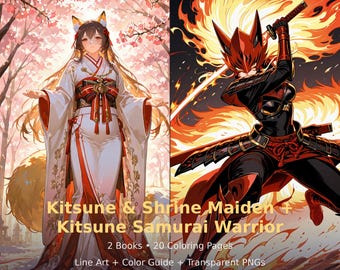 Anime Kitsune Coloring Book Bundle: Shrine Maiden & Samurai Warrior (20 Pages PDF)