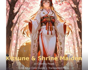 Anime Kitsune Shrine Maiden Coloring Book: Fantasy Line Art (Digital Download)