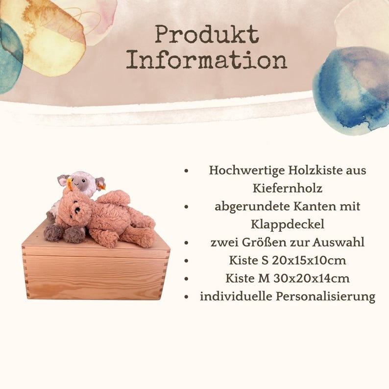 May include: A light-colored wooden box with a hinged lid, holding two stuffed animals. The box is made of pine wood and comes in two sizes: 7.87x5.9x3.93 inches and 11.8x7.87x5.5 inches. The text on the image says "Product Information".
