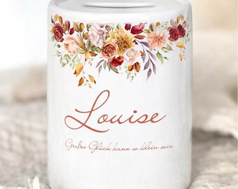 Personalisierte Spardose Blumen – Sparschwein mit Name – Geschenk zur Geburt Mädchen – Taufgeschenk personalisiert – Baby Geschenk Mädchen