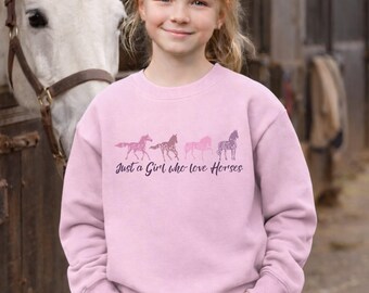 Kinder Pferde Pullover Mädchen, Just a Girl who loves Horses Sweatshirt | Pferde Geschenk Kind, Reiterin Kinder Hoodie, Pferdemädchen Shirt