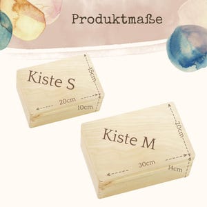May include: Two light-colored wooden boxes labeled "Kiste S" and "Kiste M". "Kiste S" measures 20cm x 10cm x 15cm (7.9" x 3.9" x 5.9"). "Kiste M" measures 30cm x 14cm x 20cm (11.8" x 5.5" x 7.9"). The text "Produktma&szlig;e" is at the top.