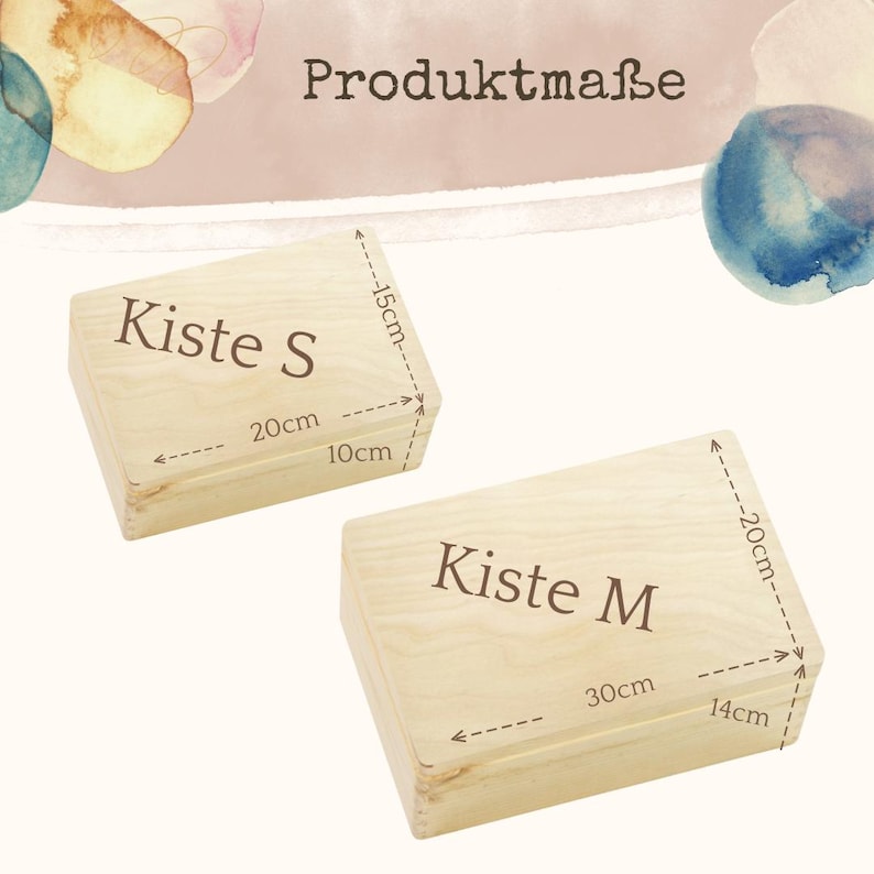 May include: Two light-colored wooden boxes labeled "Kiste S" and "Kiste M". "Kiste S" measures 20cm x 10cm x 15cm (7.9" x 3.9" x 5.9"). "Kiste M" measures 30cm x 14cm x 20cm (11.8" x 5.5" x 7.9"). The text "Produktma&szlig;e" is at the top.