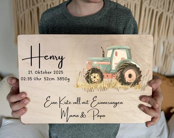 Erinnerungskiste Traktor Liebe, Holzkiste zur Geburt oder Taufe Babygeschenk für Jungs