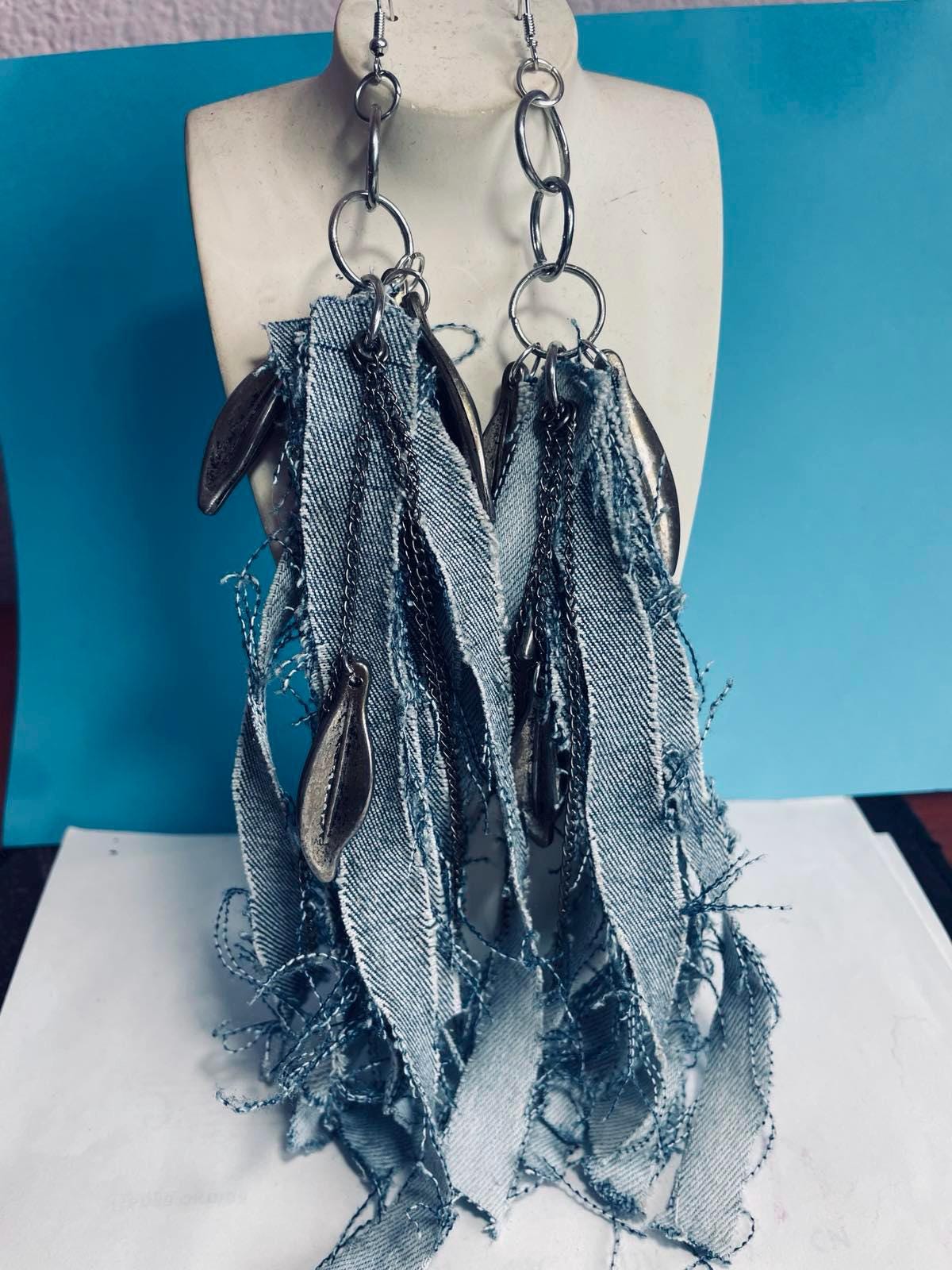 Orecchini Grandi A Cuore E Stella In Denim Blu, Jeans, Leggeri, Regalo Donna
