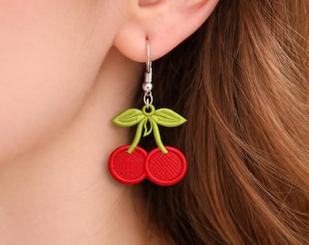 FSL Cherry Earrings, Machine Embroidery Design, Free Standing Lace Earrings, 2 Sizes, PES & Other Formats, Instant Download.